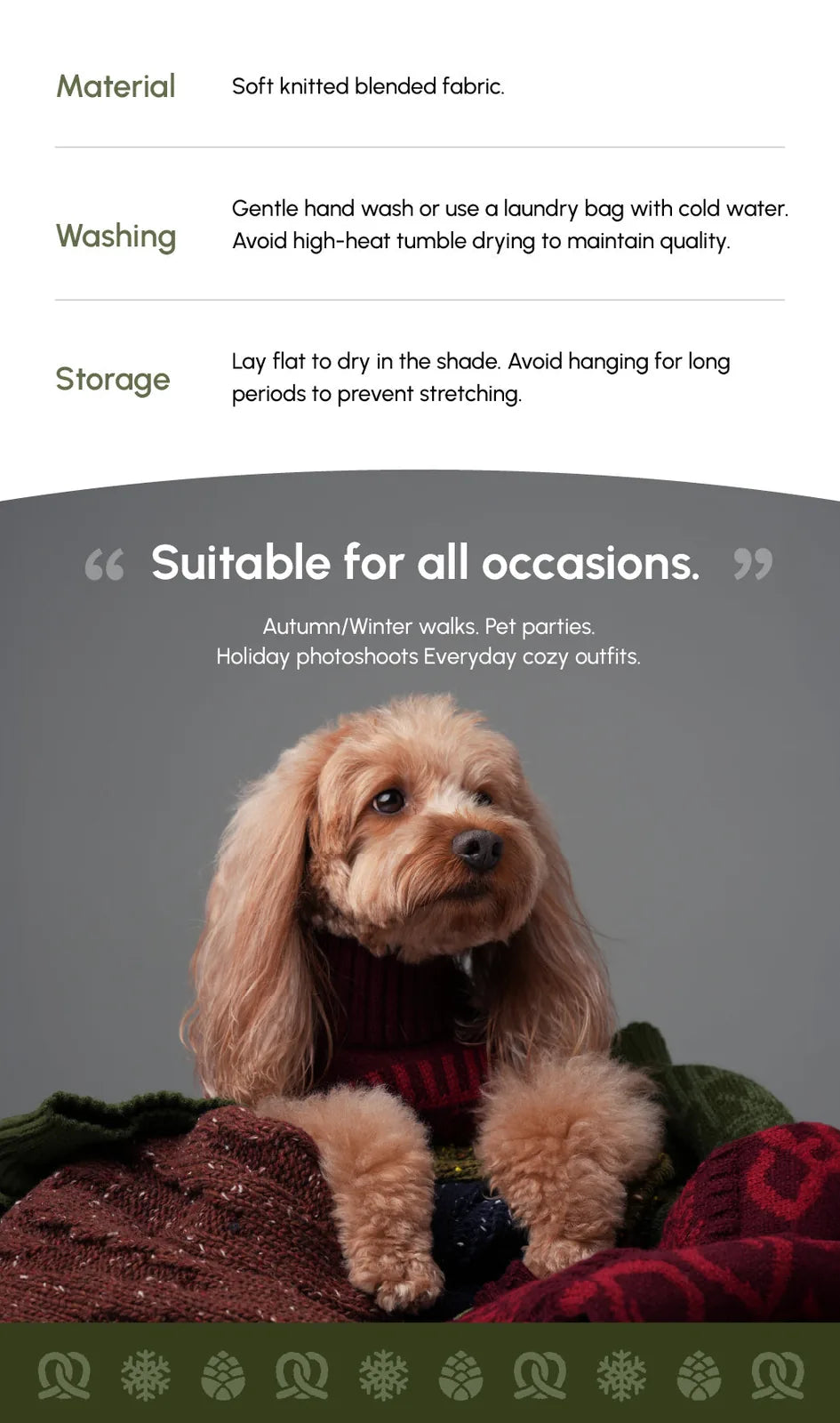 Olive green pet sweater with ribbed collar, soft knit fabric, perfect for cooler weather and cozy occasions.