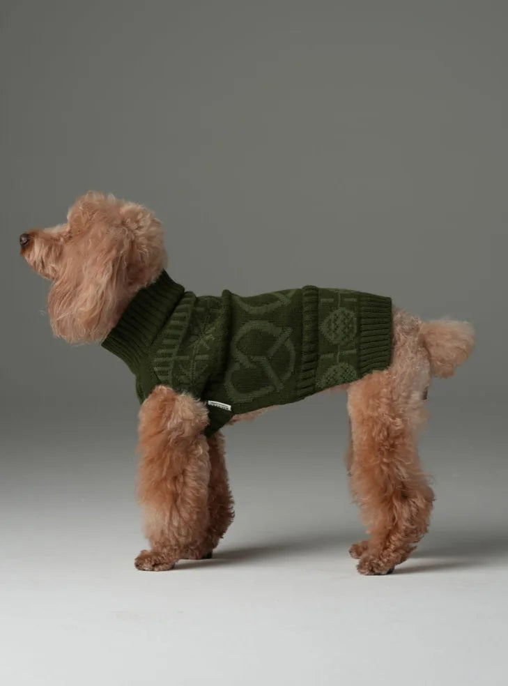 Olive green knit dog sweater with a cozy design, featuring stretchable openings for comfort in cooler seasons.
