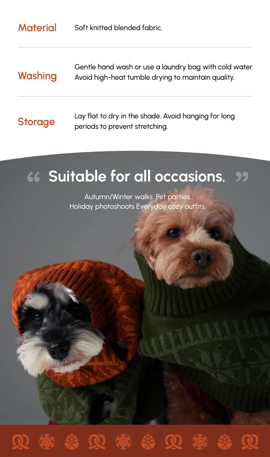 Two dogs wearing cozy sweaters: one in toffee orange and the other in green, showcasing soft knitted fabric.
