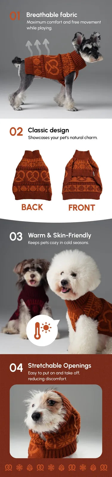 Toffee orange dog sweater with a classic knit design, featuring a stretchable neck for comfort and warmth.