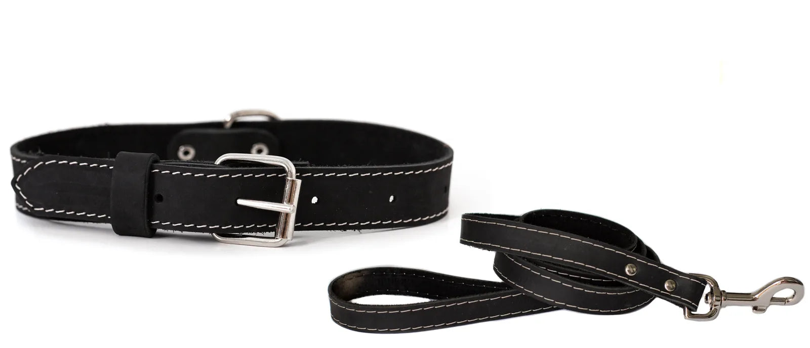Black leather dog collar and leash set with white stitching and durable metal hardware, perfect for daily walks.