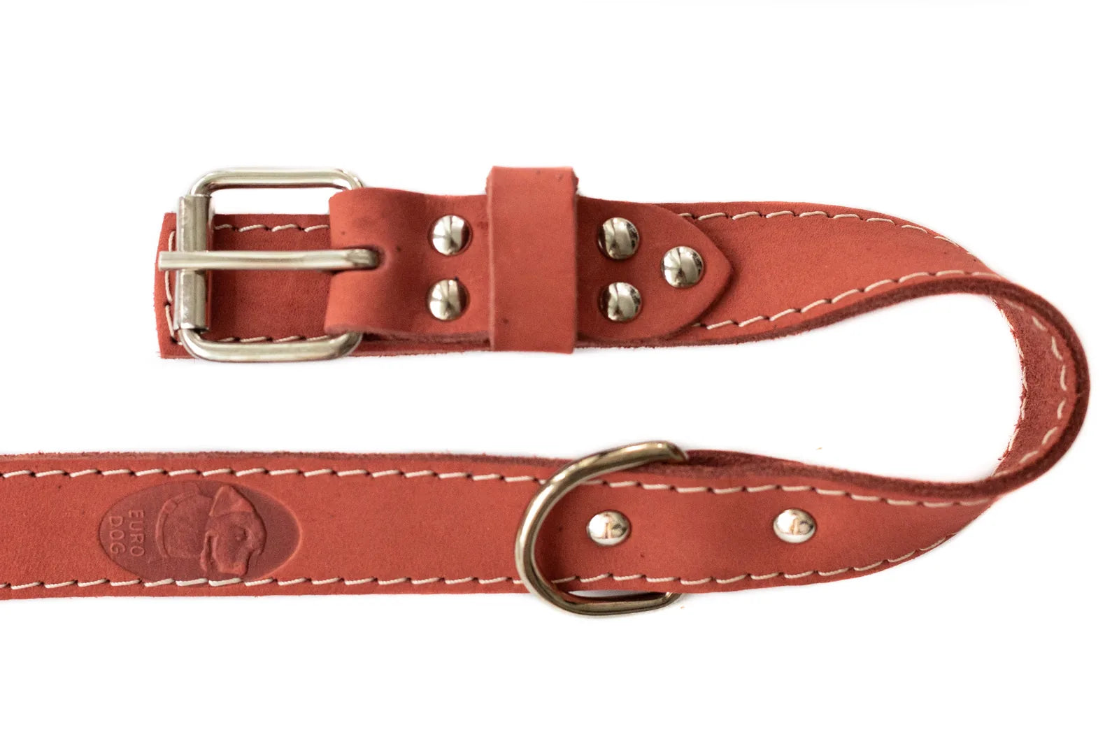 Soft coral leather dog leash showing metal buckle and stitching details, featuring Euro-Dog brand logo.