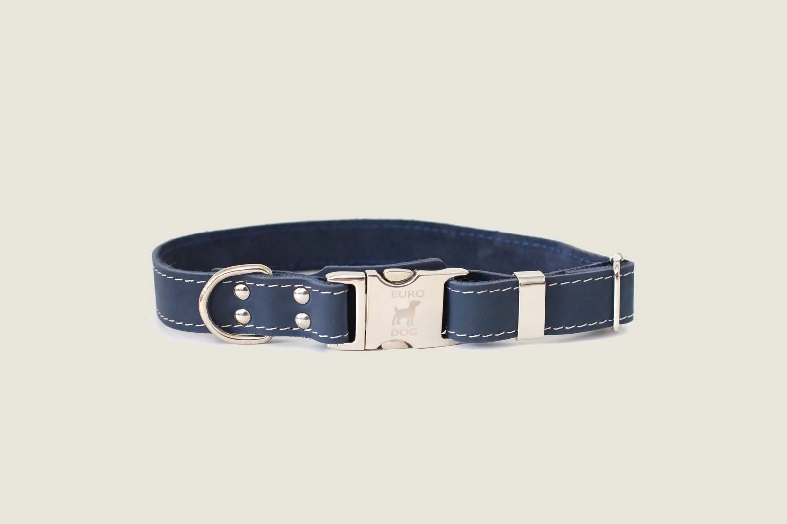 Blue leather dog collar with a quick-release metal buckle and stylish white stitching for durability and comfort.