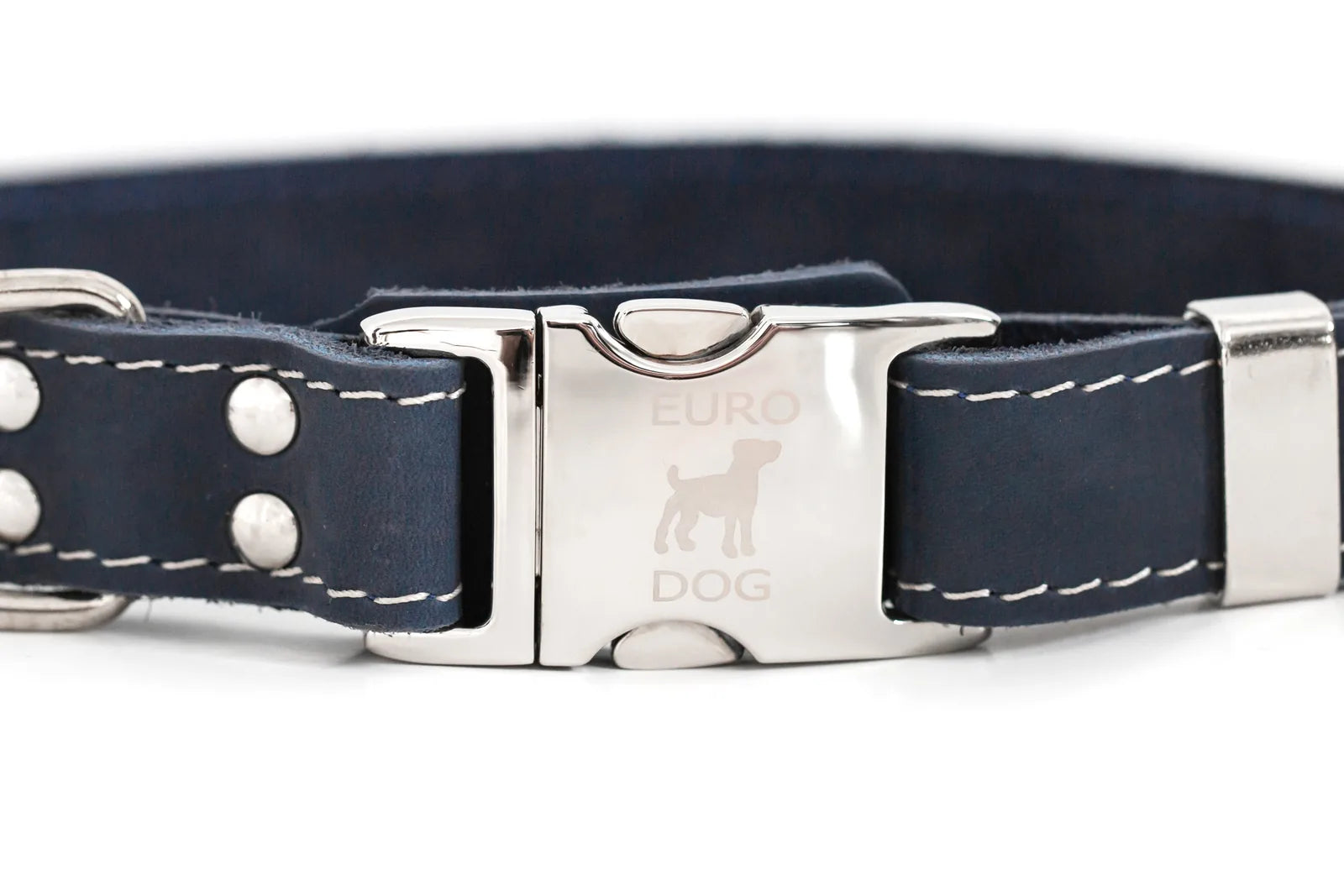 Blue jeans leather dog collar with metal buckle, featuring white stitching and an engraved Euro-Dog logo.