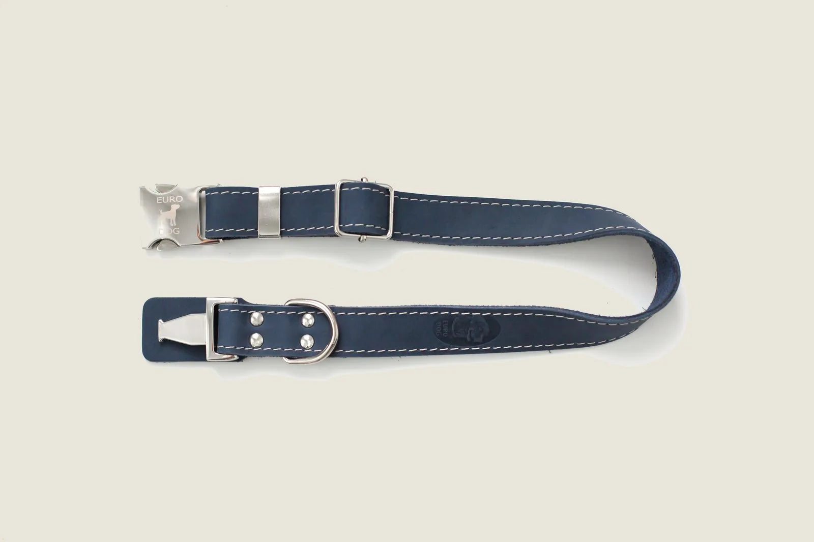 Quick-release blue jeans leather dog collar with metal buckle, featuring white stitching and a sturdy D-ring for leash att...