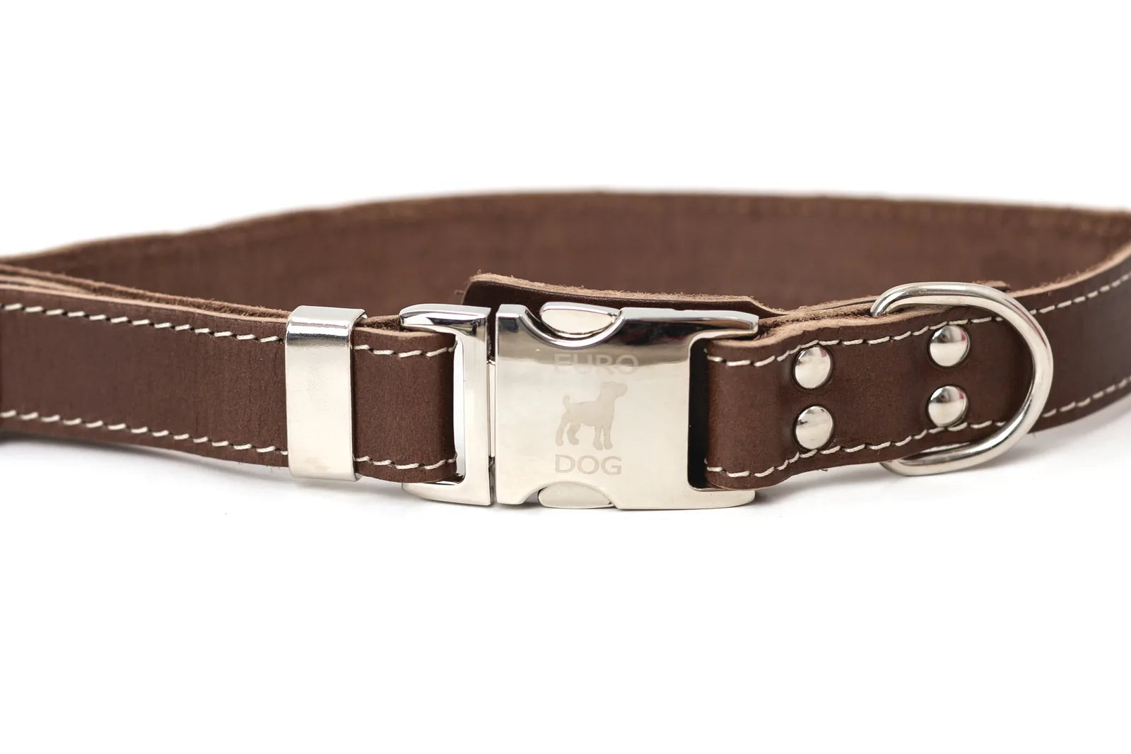 Brown leather dog collar with white stitching, featuring a quick-release metal buckle and steel D-ring for leash attachment.