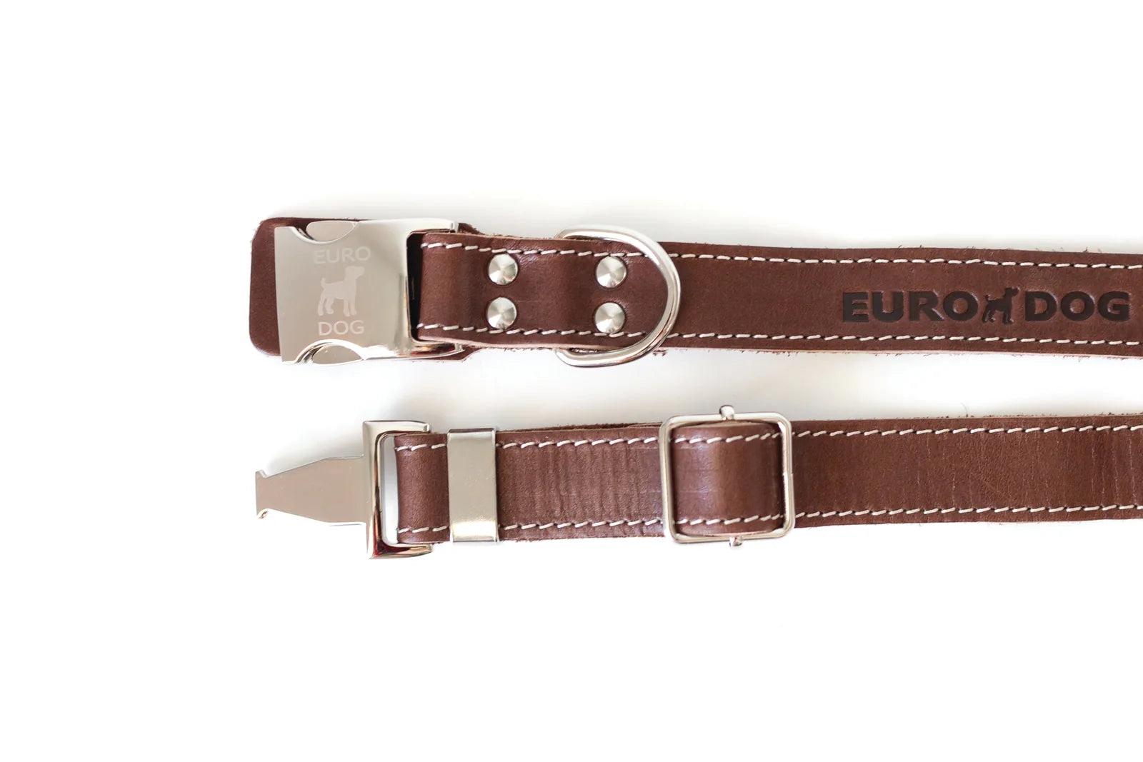 Chocolate leather dog collar featuring a quick-release metal buckle and reinforced stitching for durability.