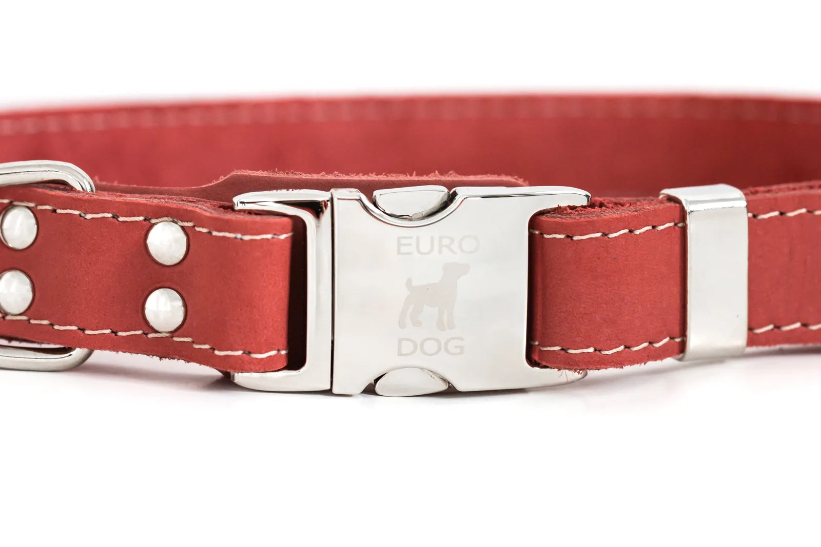 Quick-release coral reef leather dog collar featuring a silver metal buckle and contrasting stitching details.
