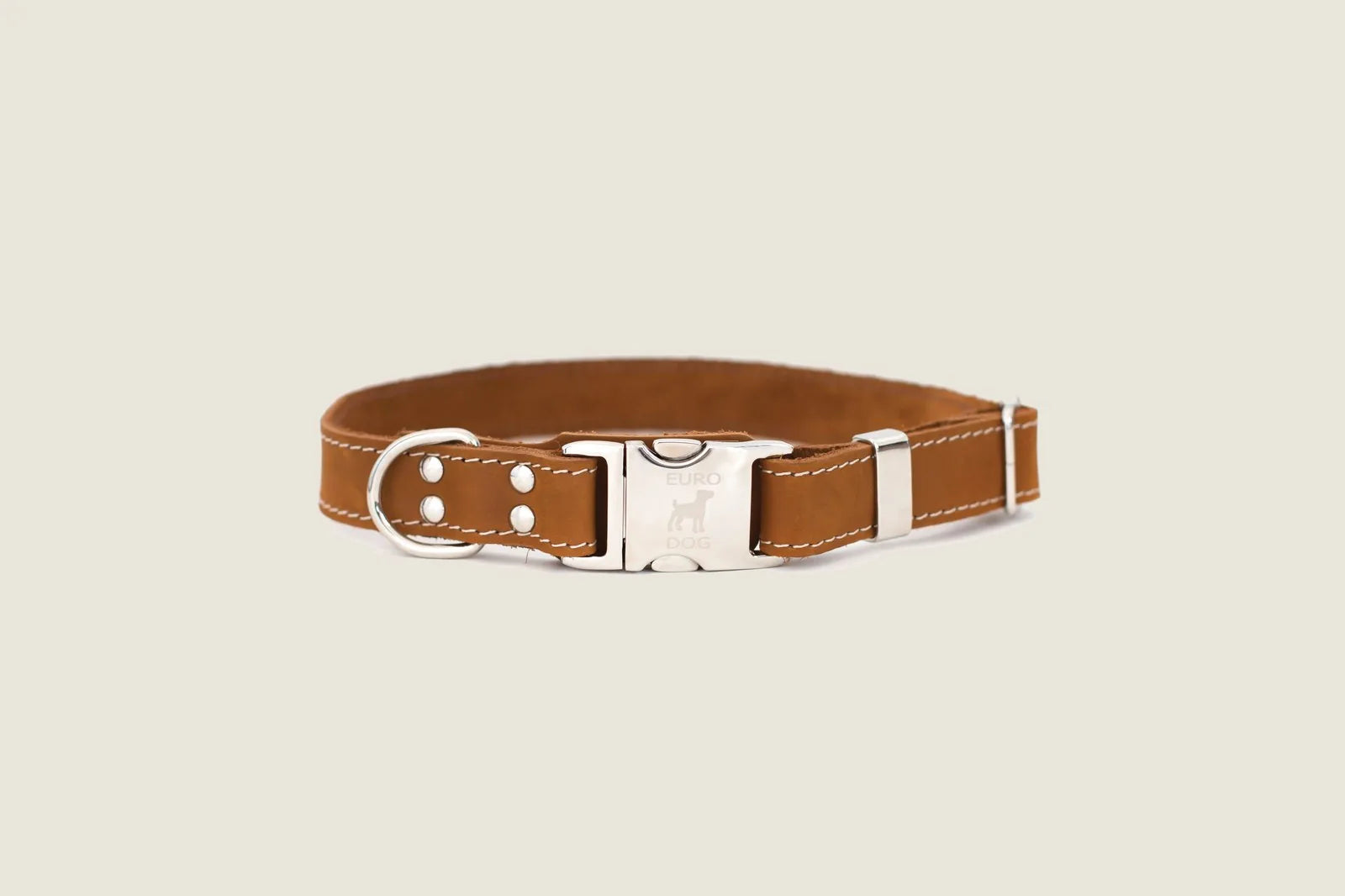 Earth brown leather dog collar with metal buckle and D-ring, featuring white stitching for added style.