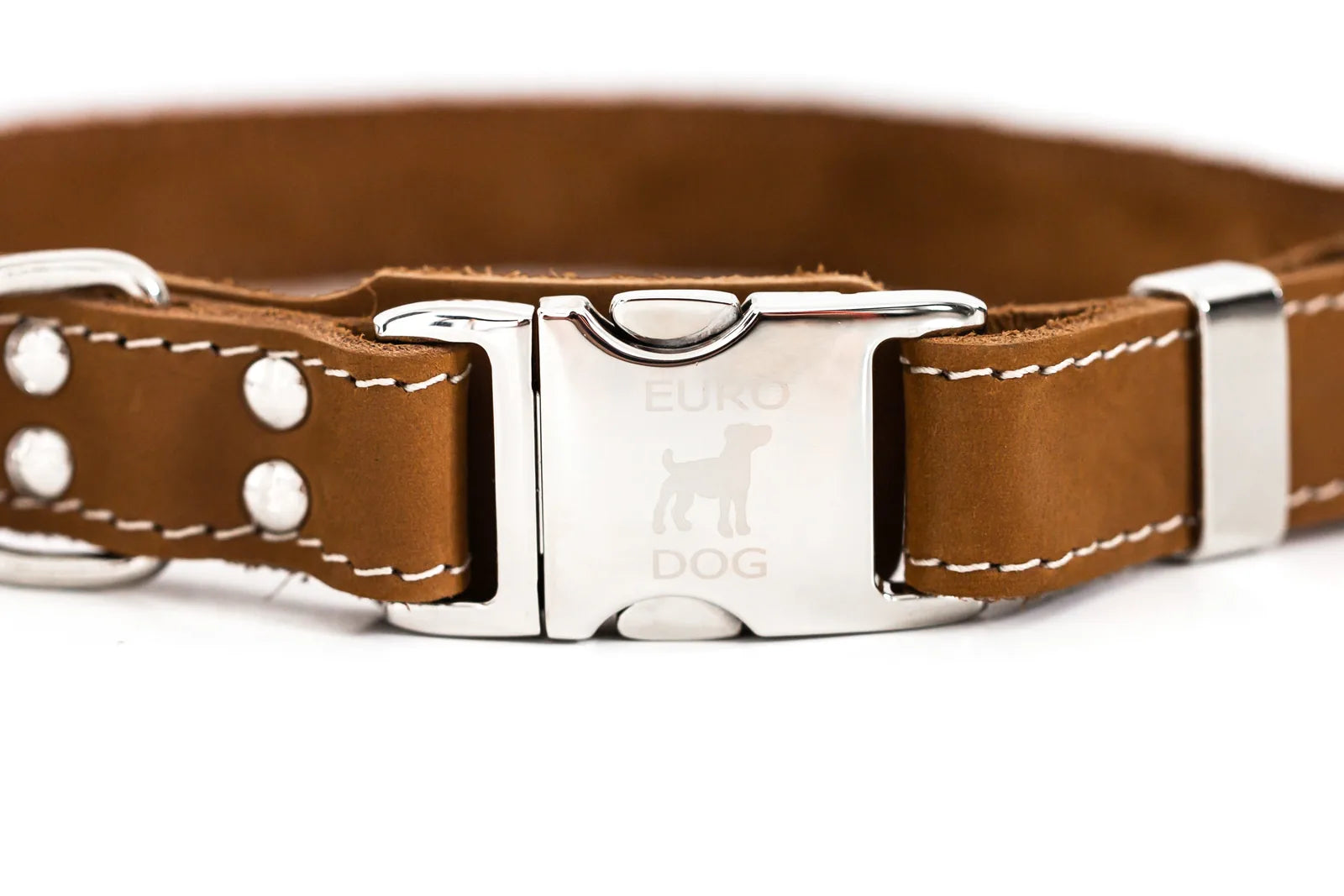 Earth brown leather dog collar featuring a quick-release metal buckle, embossed with "EURO DOG," and sturdy stitching.