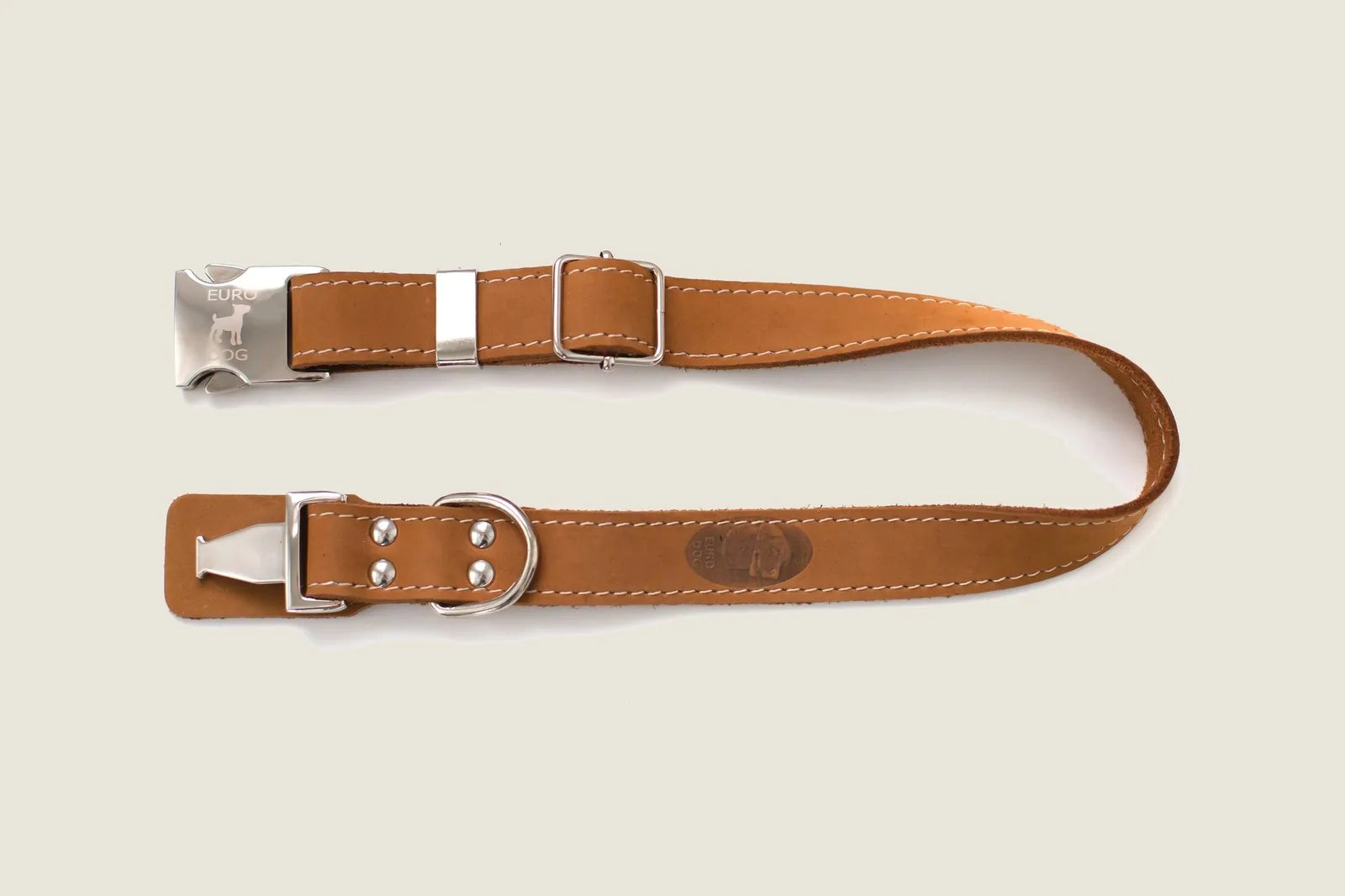 Earth brown leather dog collar featuring a metal quick-release buckle and sturdy D-ring for leash attachment.