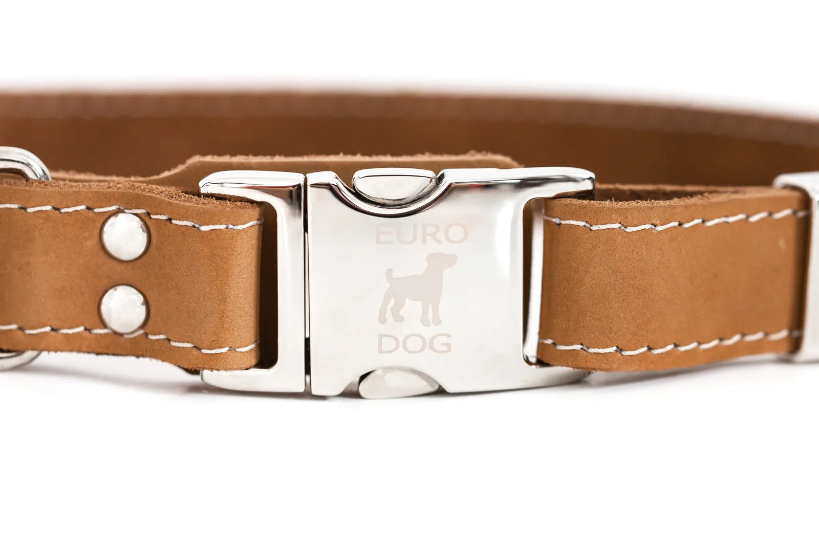 Khaki leather dog collar featuring a shiny metal buckle and silver rivets, designed for durability and comfort.