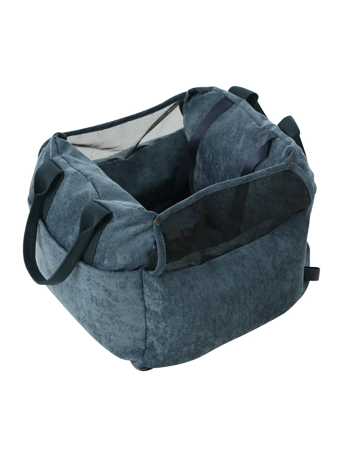 Blue water-repellent dog car seat with high mesh walls and sturdy handles for safety and comfort on travels.