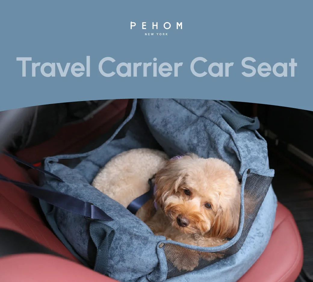 Blue water-repellent car seat with mesh walls and a small dog comfortably resting inside.