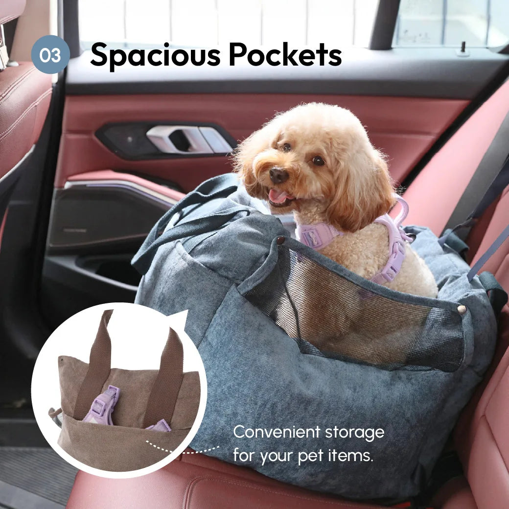 Blue Puff Guard dog car seat with spacious pockets and a happy dog, set in a car's back seat.