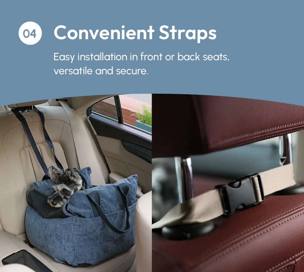 Blue Puff Guard Dog Car Seat in a car, featuring easy-install straps and a dog comfortably seated inside.