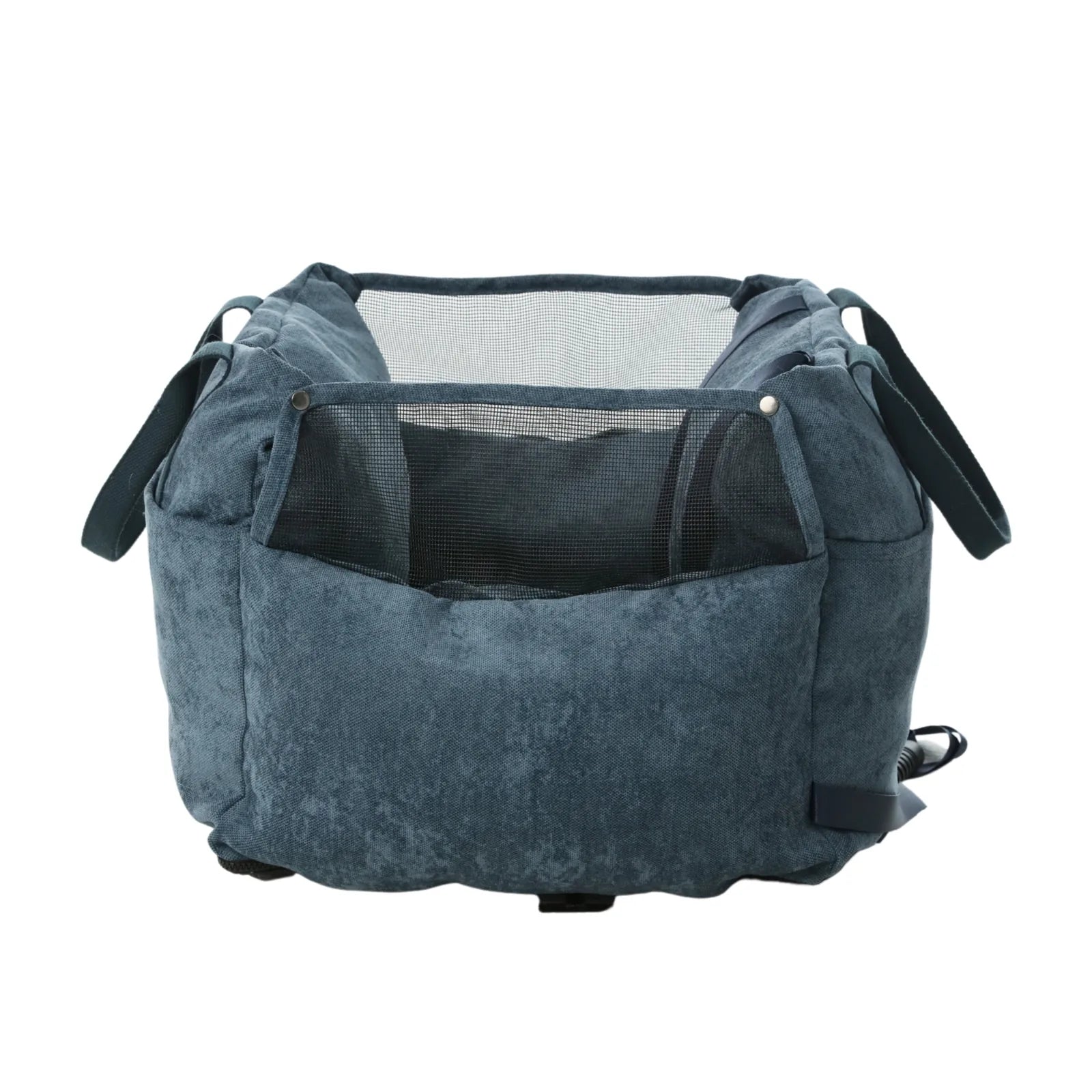 Blue water-repellent fabric dog car seat with mesh walls, safety handles, and adjustable straps for secure travel.