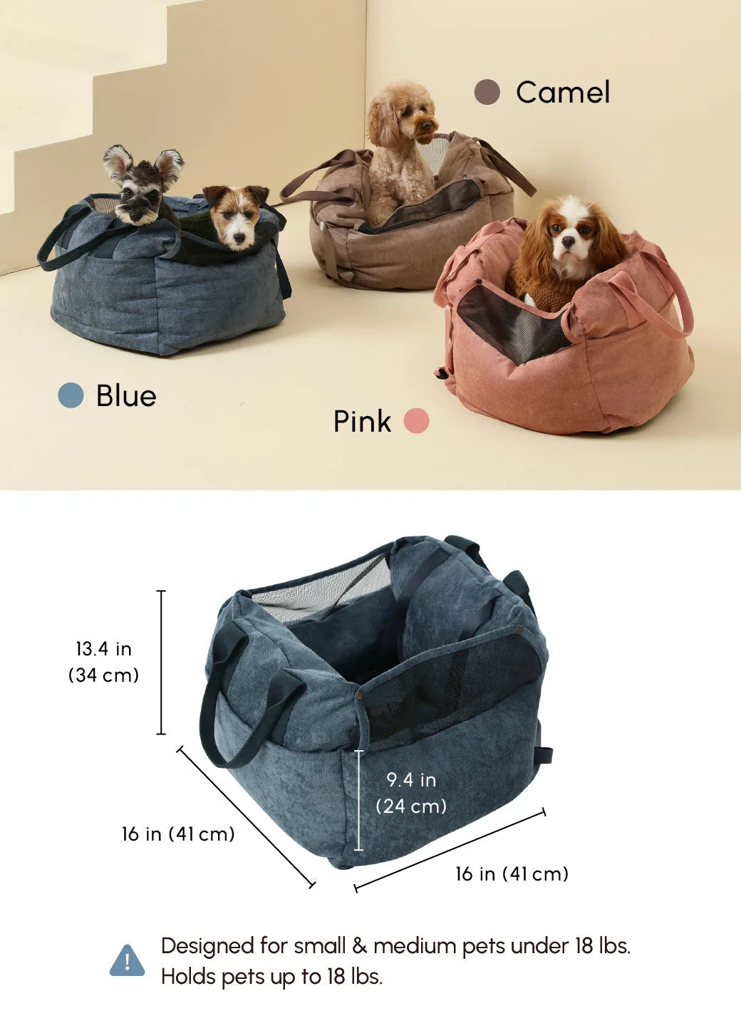 Water-repellent blue Puff Guard dog car seat with mesh walls, designed for small dogs under 18 lbs.