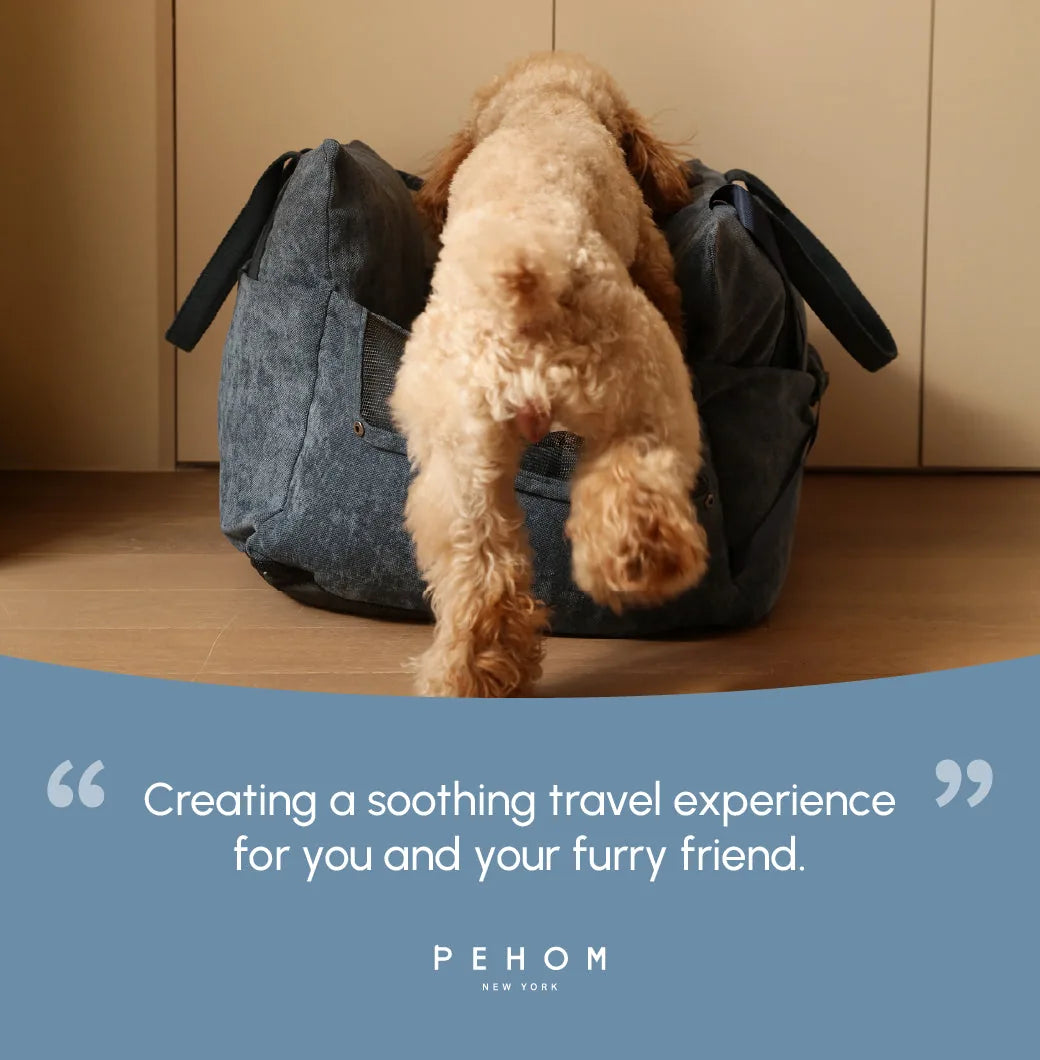 Soft blue dog car seat with a furry dog entering, designed for safe and comfortable travel.