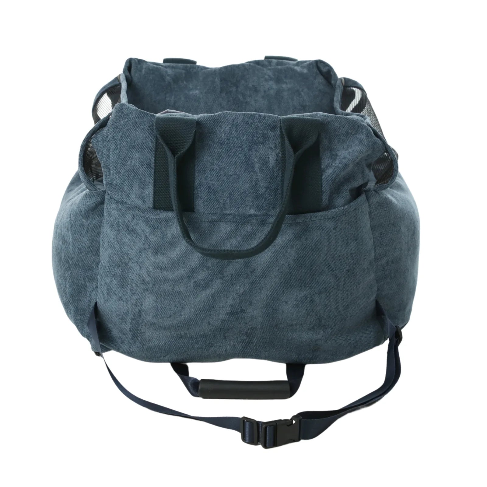 Blue water-repellent dog car seat featuring mesh sides, safety handles, and adjustable straps for secure travel.