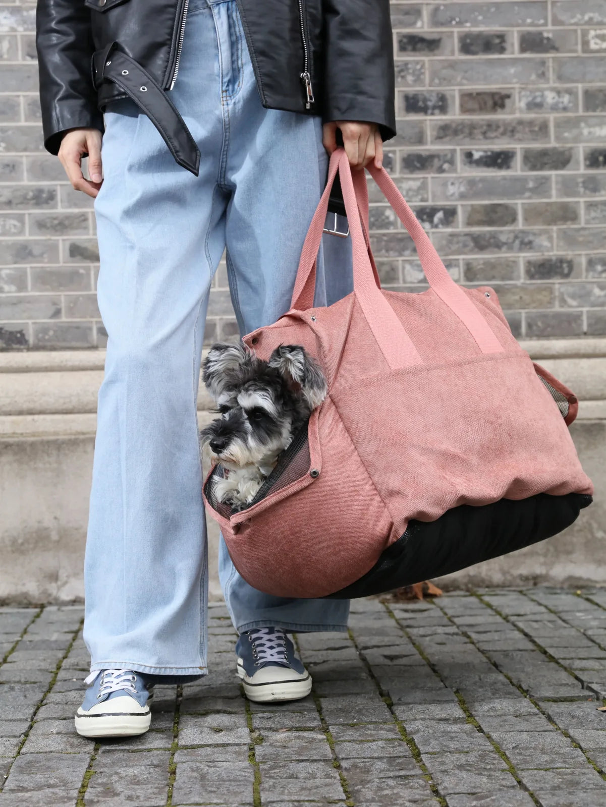 Portable blue dog car seat with high mesh walls, carried by a person wearing denim and a leather jacket.
