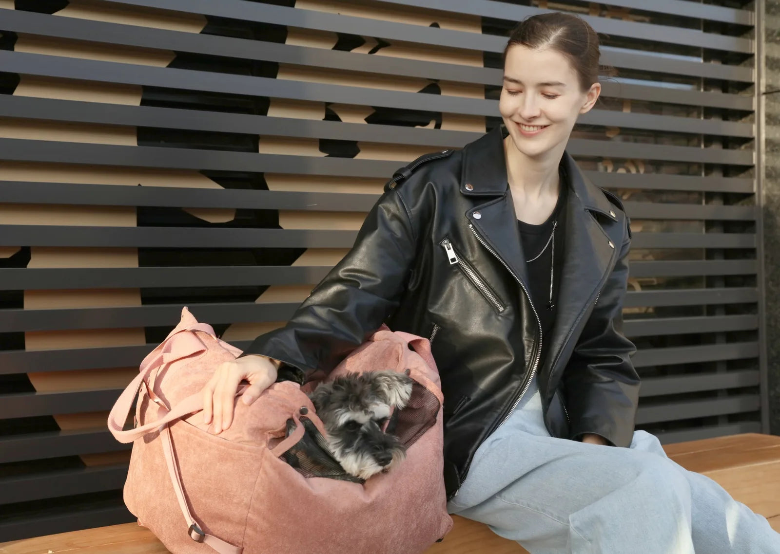 Pink Puff Guard Dog Car Seat with a small dog peeking out, featuring adjustable straps and a soft, durable fabric.