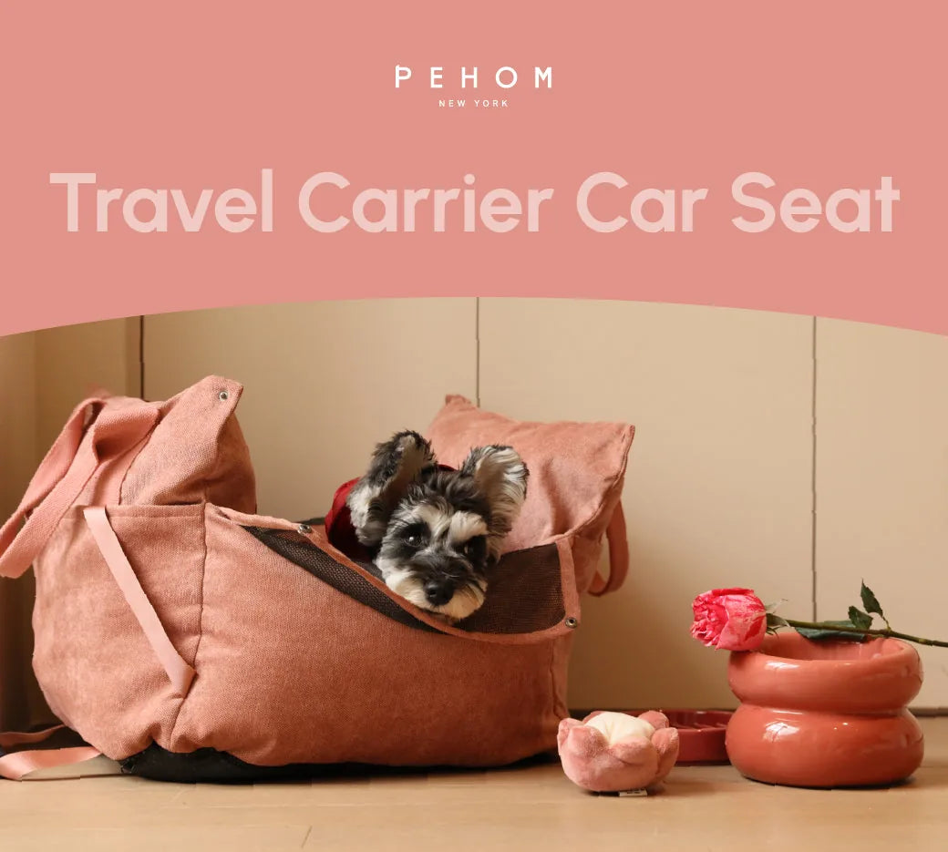 Pink Puff Guard Dog Car Seat with mesh opening, featuring a small dog peeking out, alongside pet accessories.