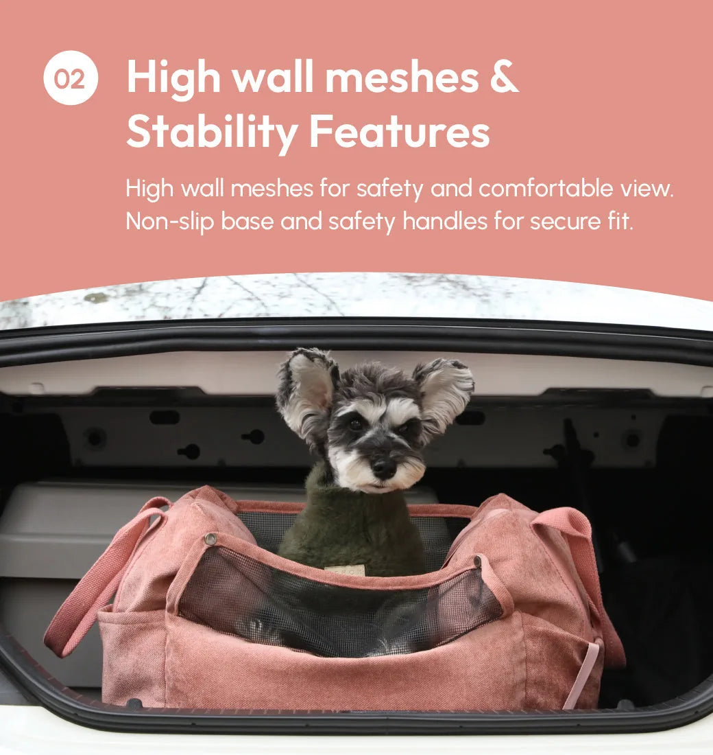 Pink Puff Guard Dog Car Seat with high mesh walls and non-slip base, featuring a small dog comfortably seated inside.