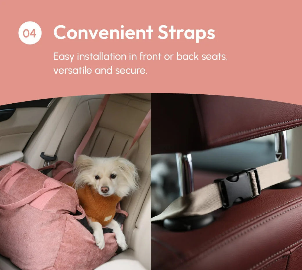 Pink Puff Guard Dog Car Seat with convenient straps, featuring a small dog comfortably seated in a secure spot.