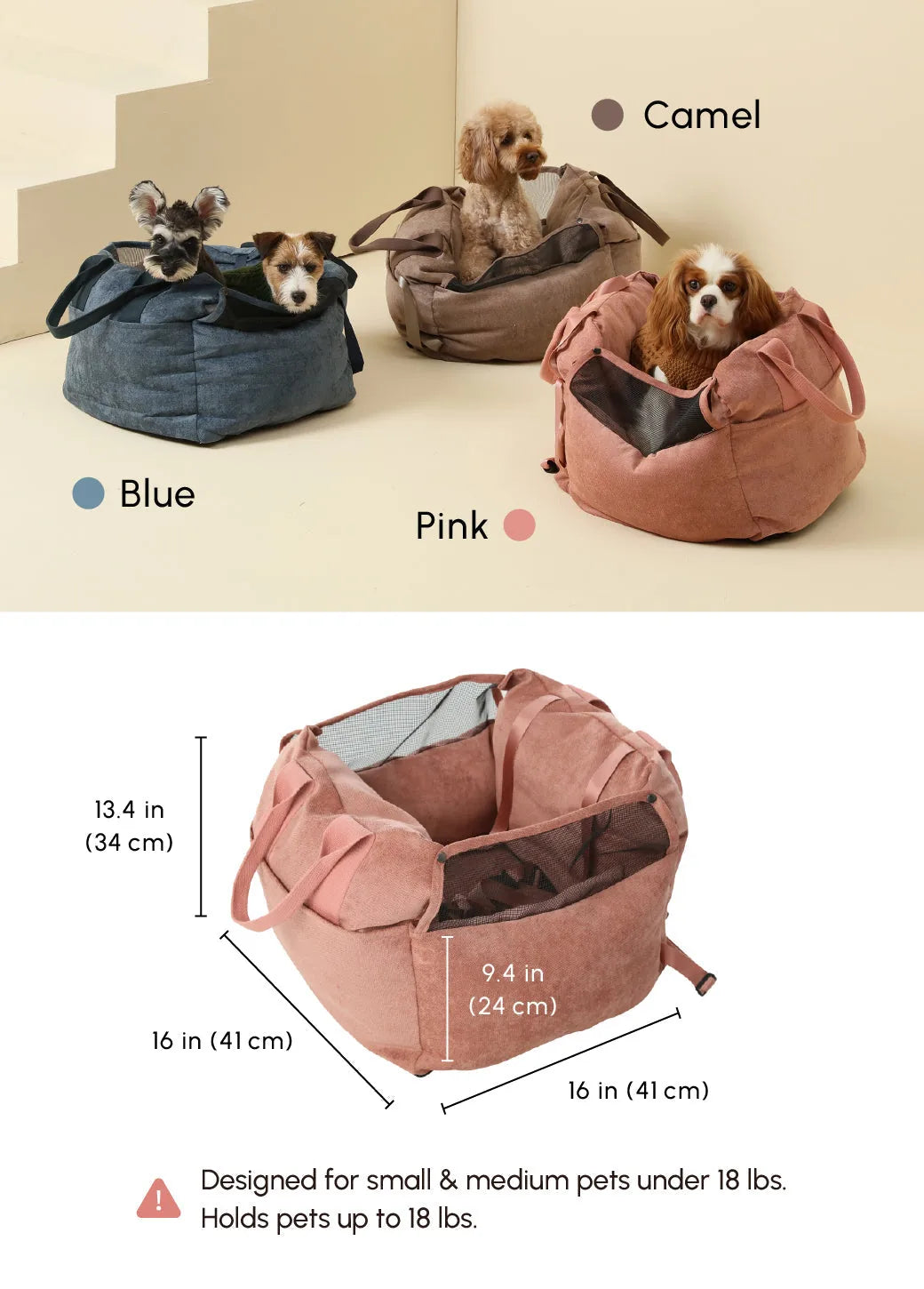 Pink Puff Guard dog car seat with mesh walls for visibility, designed for pets up to 18 lbs, features sturdy straps.