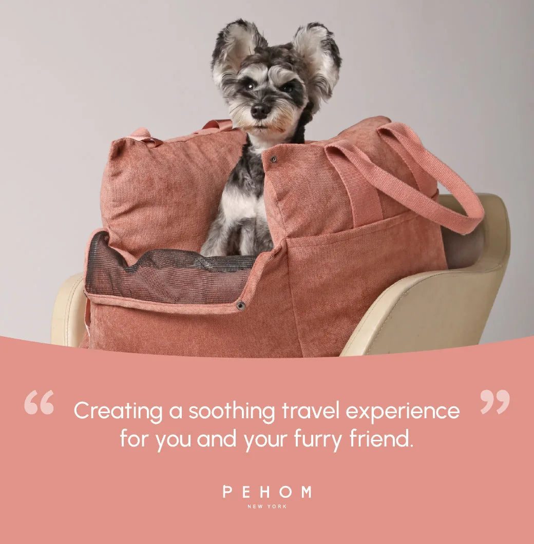 Pink Puff Guard Dog Car Seat with a small dog seated comfortably, featuring durable fabric and safety mesh.