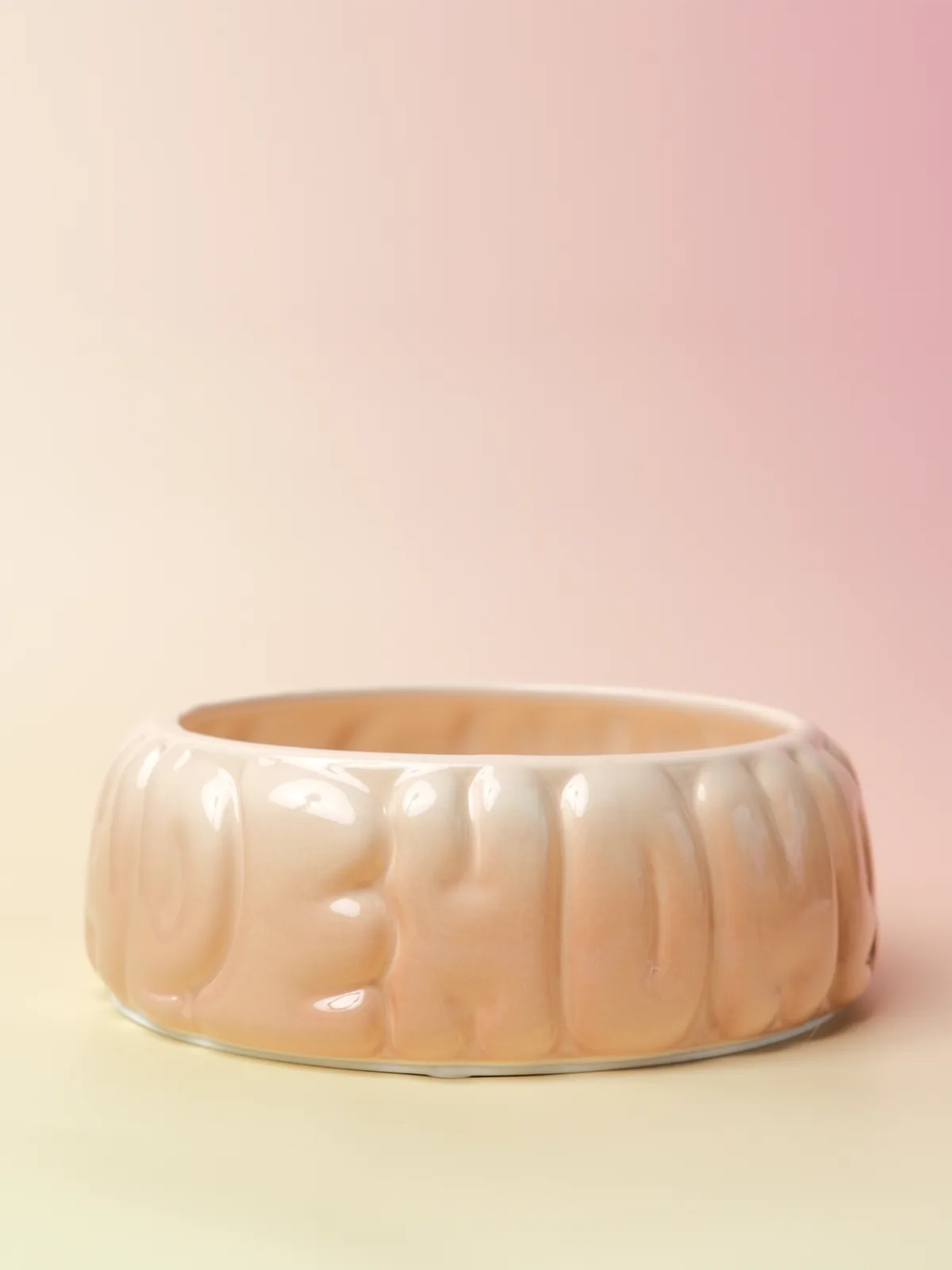 Ceramic pet bowl in gradient caramel with puff logo, spill-proof rim, and smooth arc design for easy cleaning.