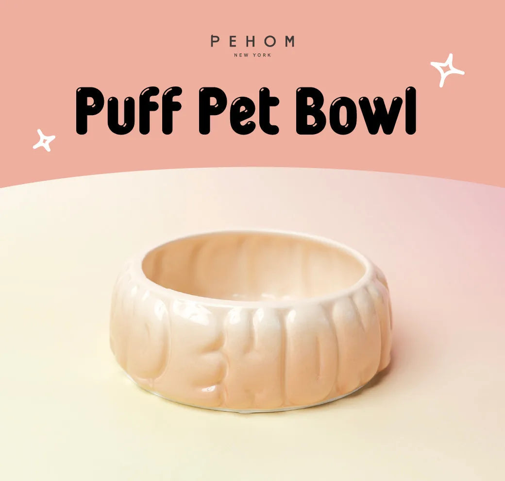 Ceramic Puff Pet Bowl in gradient caramel, featuring a smooth arc shape and puff logo design.