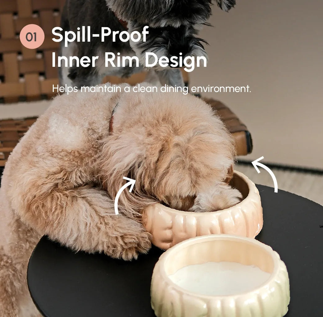 Ceramic puff pet bowl in gradient caramel, featuring a spill-proof inner rim, with a dog enjoying its meal.