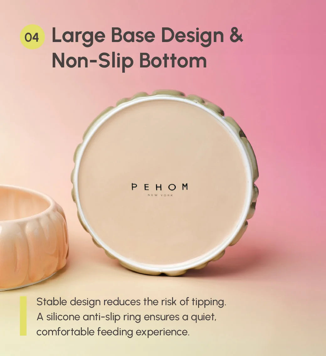 Ceramic pet bowl in gradient olive with a large base and non-slip bottom for stable feeding.