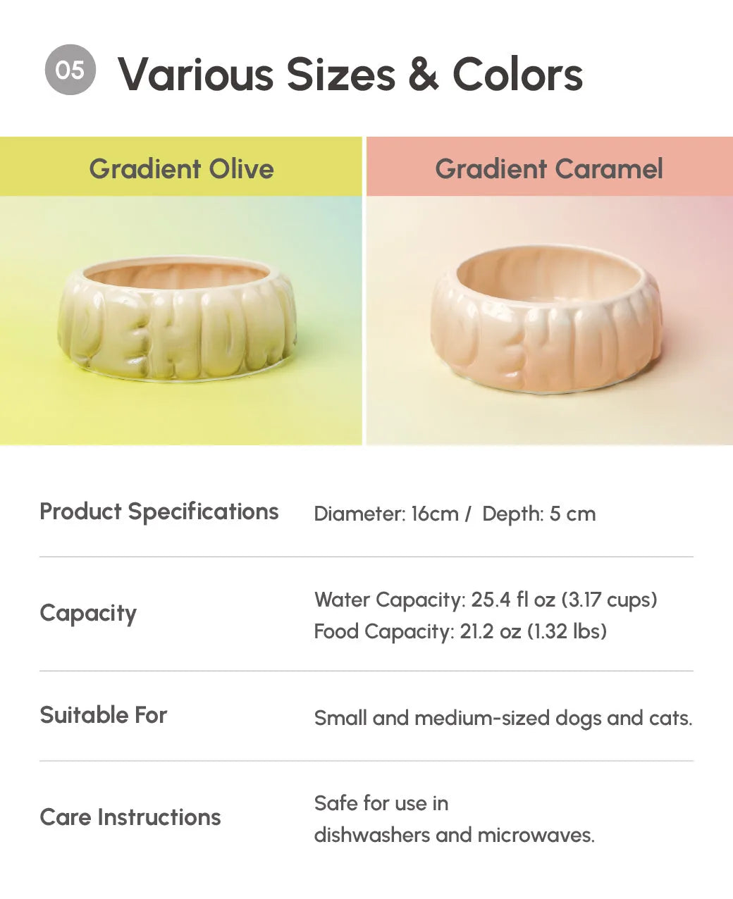 Ceramic pet bowl in Gradient Olive, featuring a smooth arc shape and spill-proof inner rim for easy cleaning.