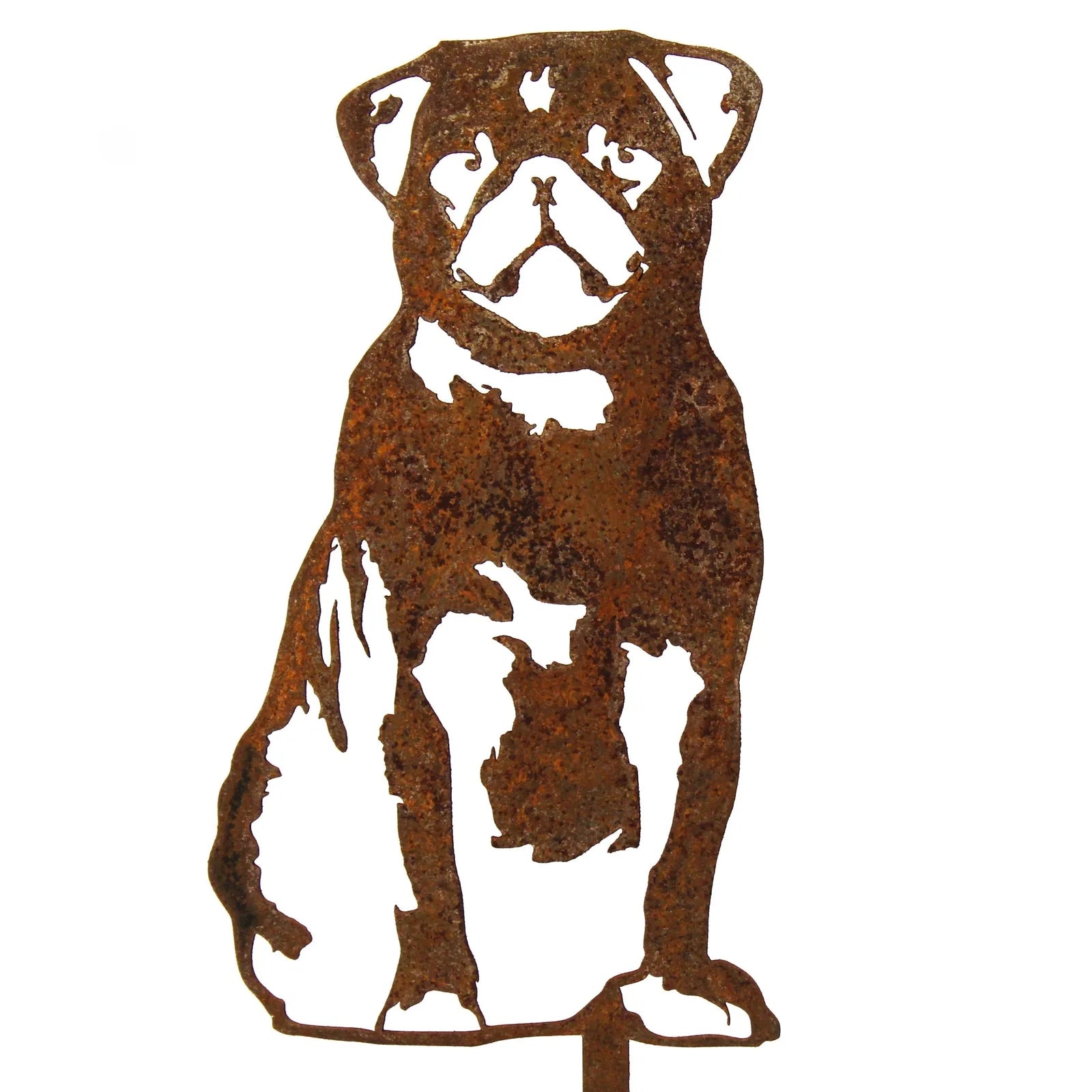 Rustic pug silhouette handcrafted from Corten steel, showcasing intricate details, ideal for outdoor dog-themed decor.
