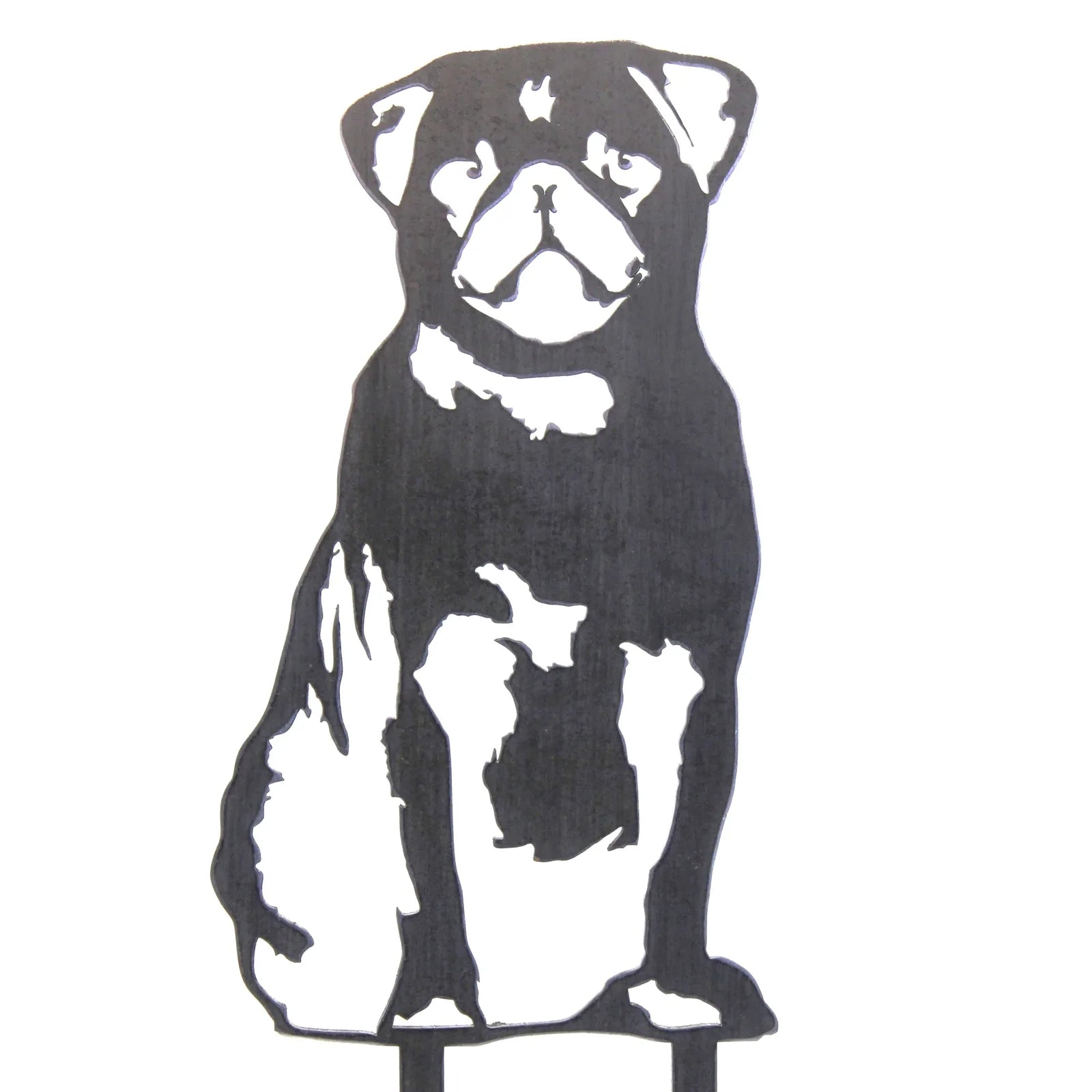 Black metal silhouette of a seated pug dog, ideal for outdoor decor and dog-themed metal art by My Metal Rescue.