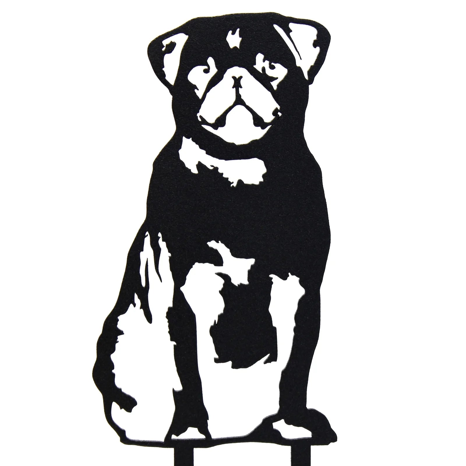Black metal silhouette of a sitting Pug, designed for outdoor decor and garden styling.
