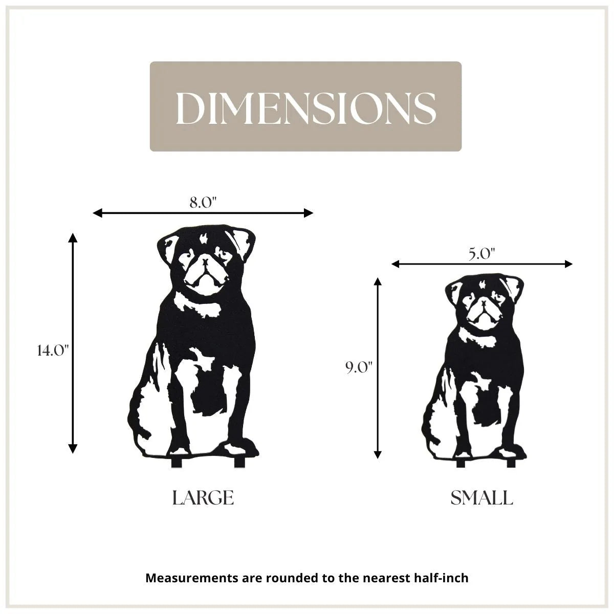 Black metal silhouette of a pug with dimensions labeled, showing large (14" x 8") and small (9" x 5") sizes.