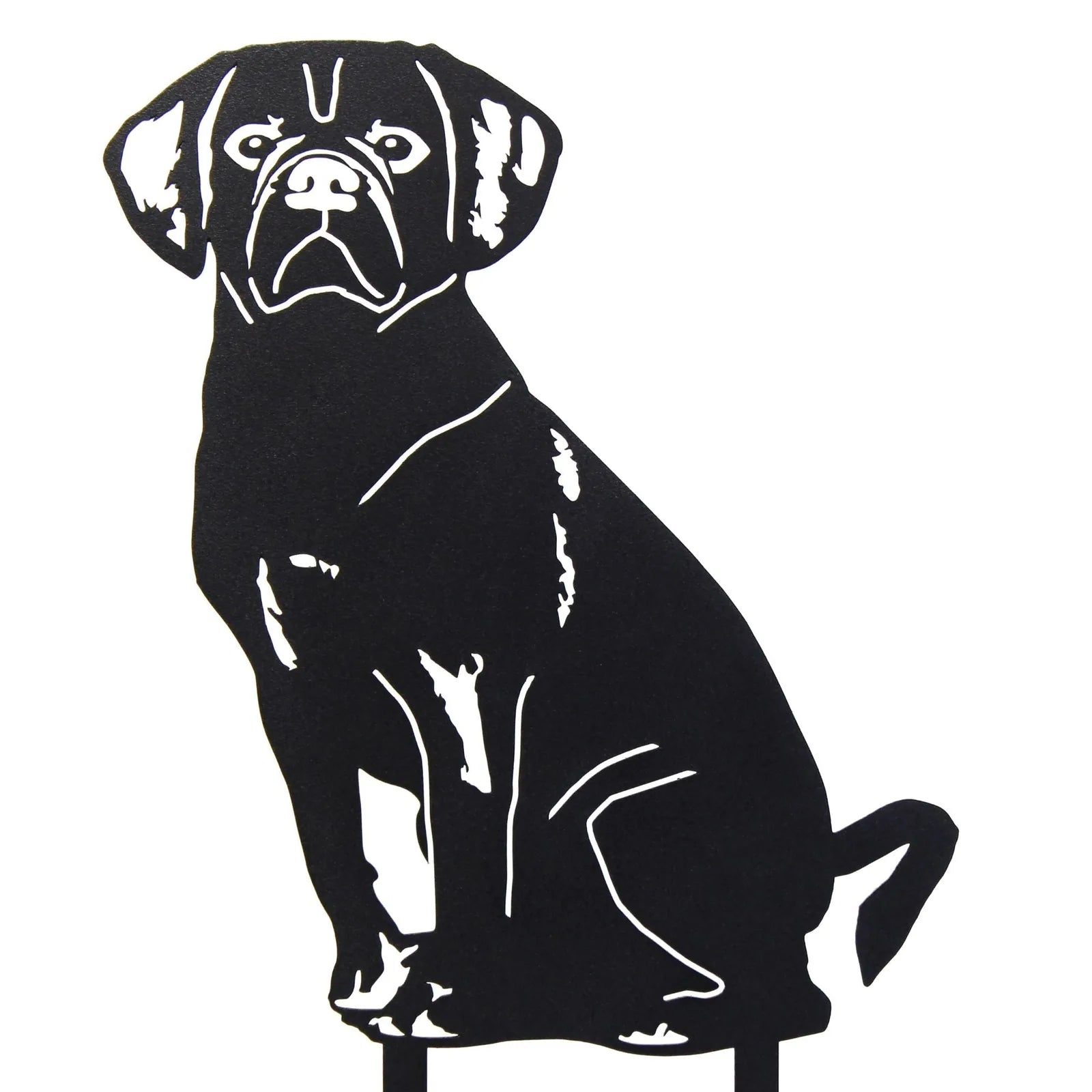 Black metal silhouette of a seated Puggle dog with detailed features, ideal for garden or yard decoration.