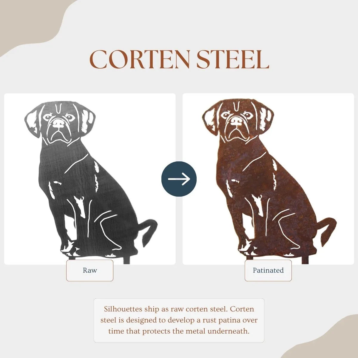 Puggle metal silhouette in raw Corten steel on left and patinated finish on right, showcasing the color transformation.