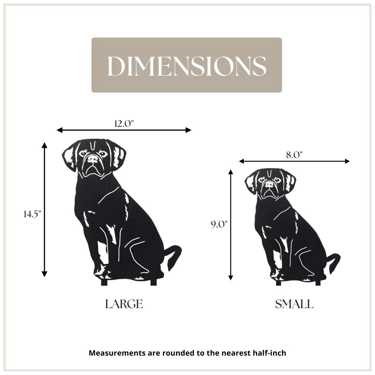 Black metal silhouette of a Puggle dog, displayed with dimensions for large (14.5") and small (9.0") sizes.