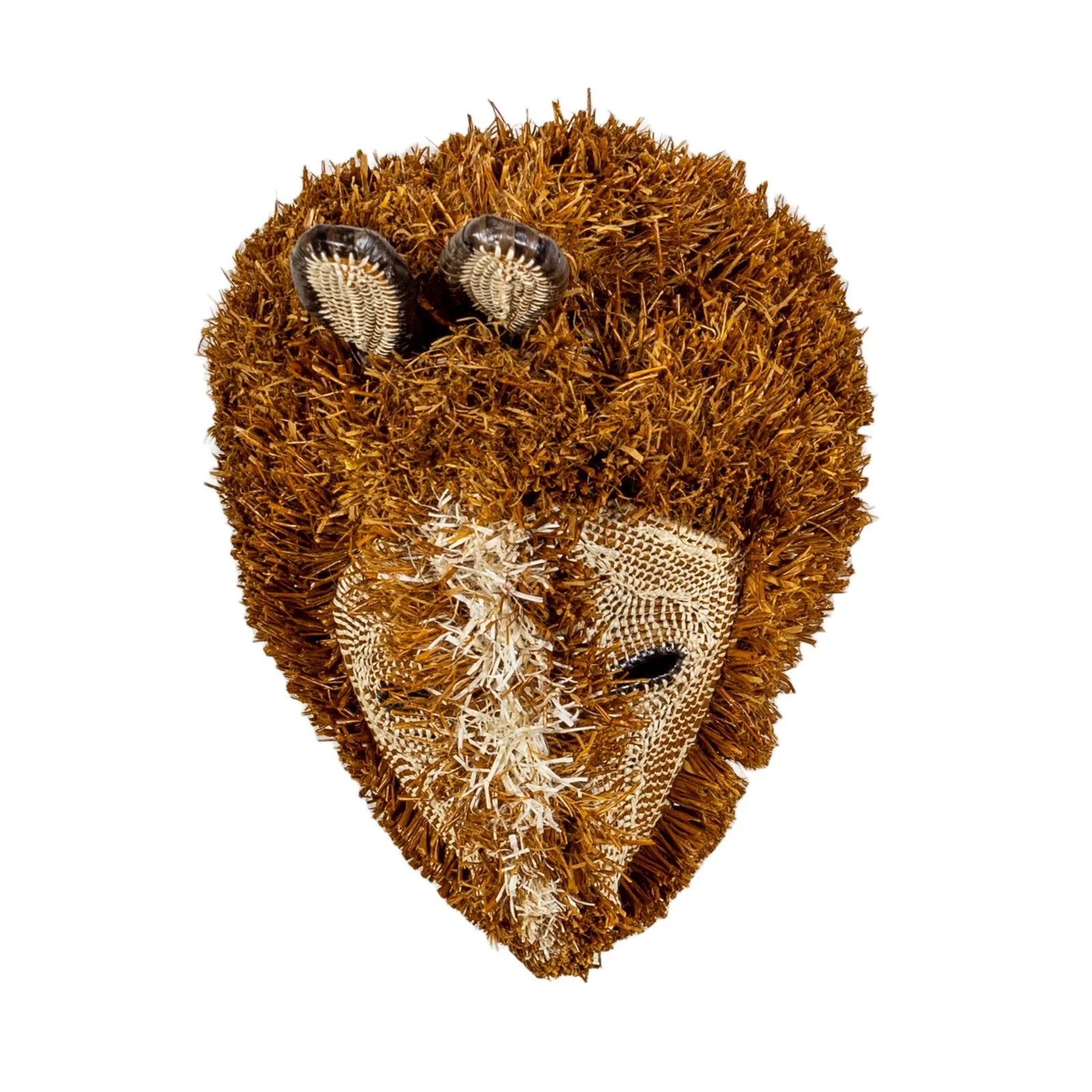 Handwoven puppy dog mask in warm brown tones with textured fur, showcasing rainforest-inspired designs and natural dyes.