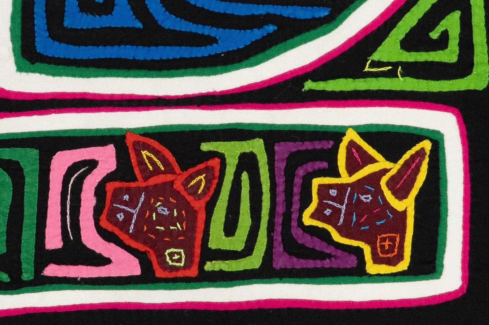 Colorful hand-stitched Mola tapestry featuring playful dog designs in shades of brown, pink, and blue against a black back...