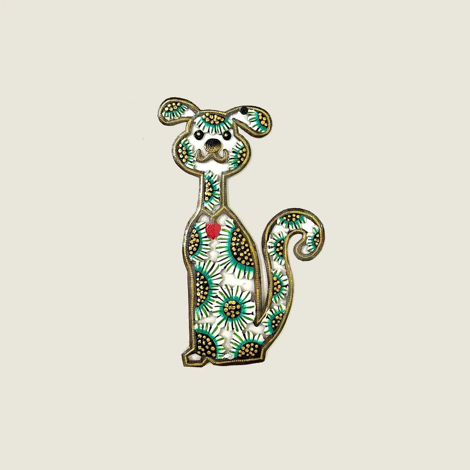 Handcrafted metal art of a colorful puppy, featuring green and yellow floral patterns and a heart, made from recycled mate...