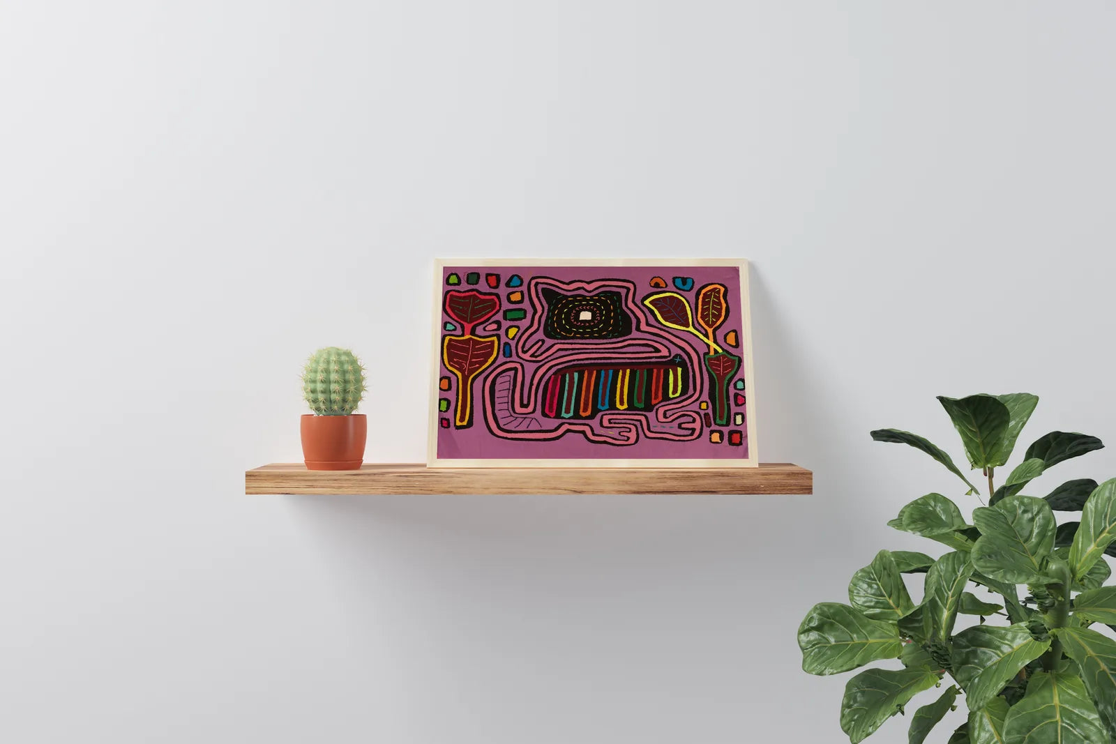 Purple Mola tapestry featuring a whimsical dog design surrounded by vibrant flowers, hand-stitched by Guna artisans from P...