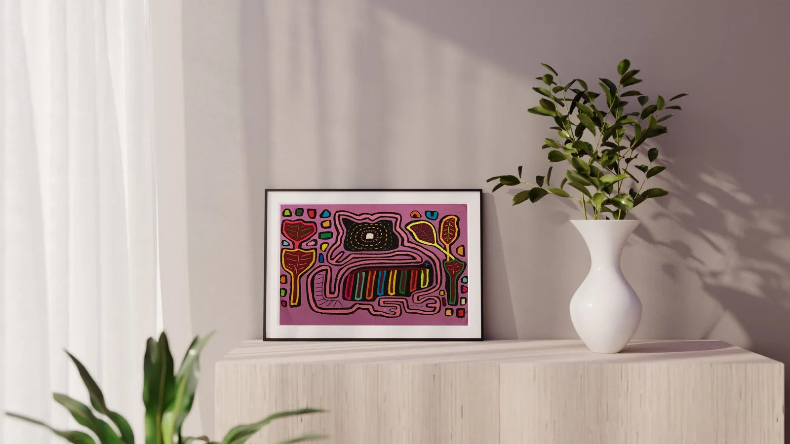 Hand-stitched purple Mola tapestry featuring a whimsical puppy design with vibrant geometric patterns on a pink background.