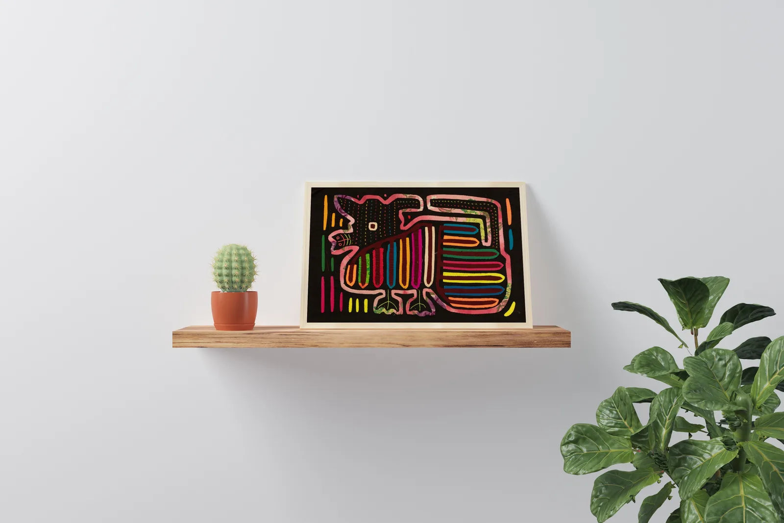 Colorful Purple Puppy Dog Mola tapestry features vibrant designs on a black background, displayed on a wooden shelf with p...