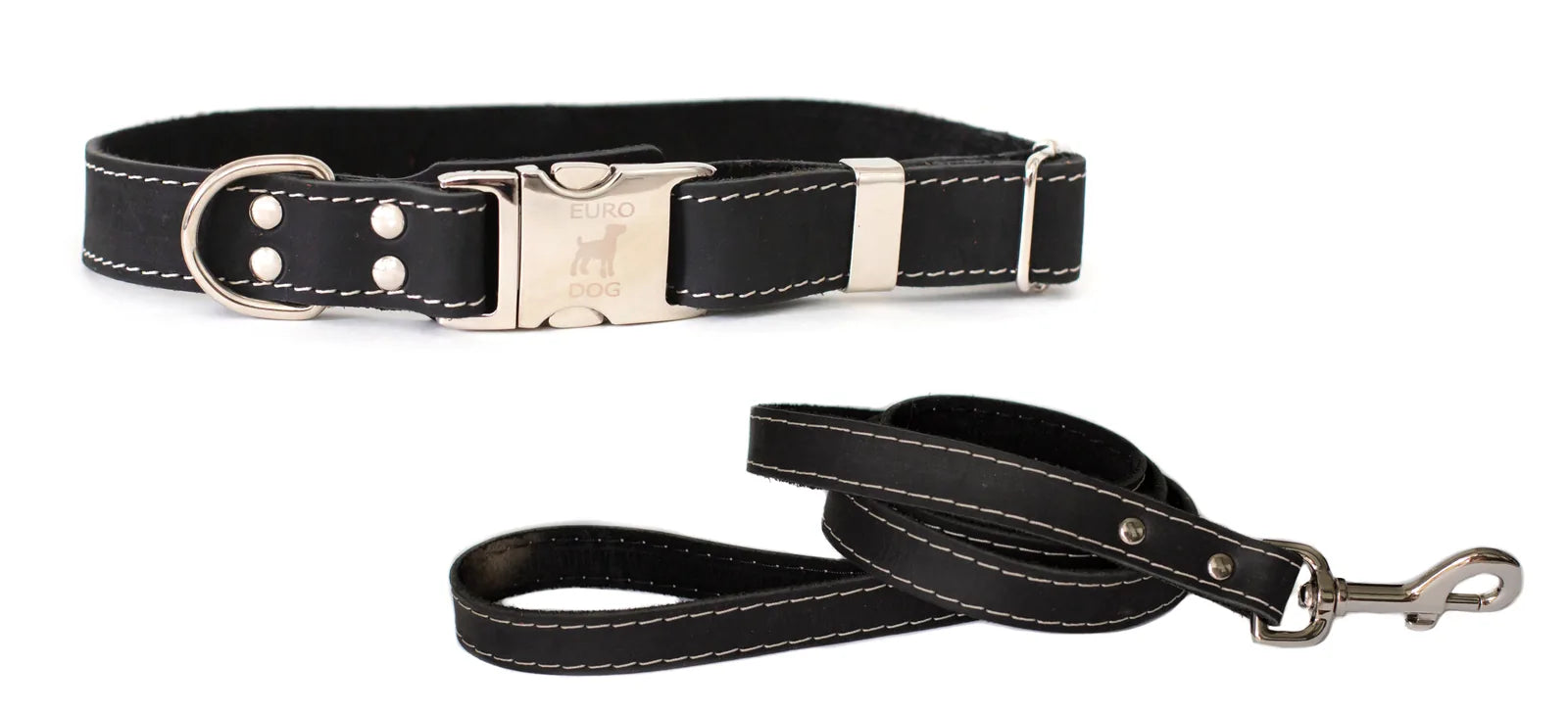 Quick-release black leather dog collar with silver hardware and matching leash, designed for comfortable walking.